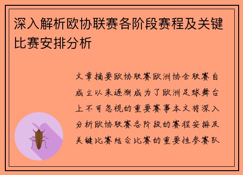 深入解析欧协联赛各阶段赛程及关键比赛安排分析
